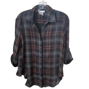 Lagenlook Finley Plaid‎ Shirt M Made in USA Navy Brown Button Down Casual Top